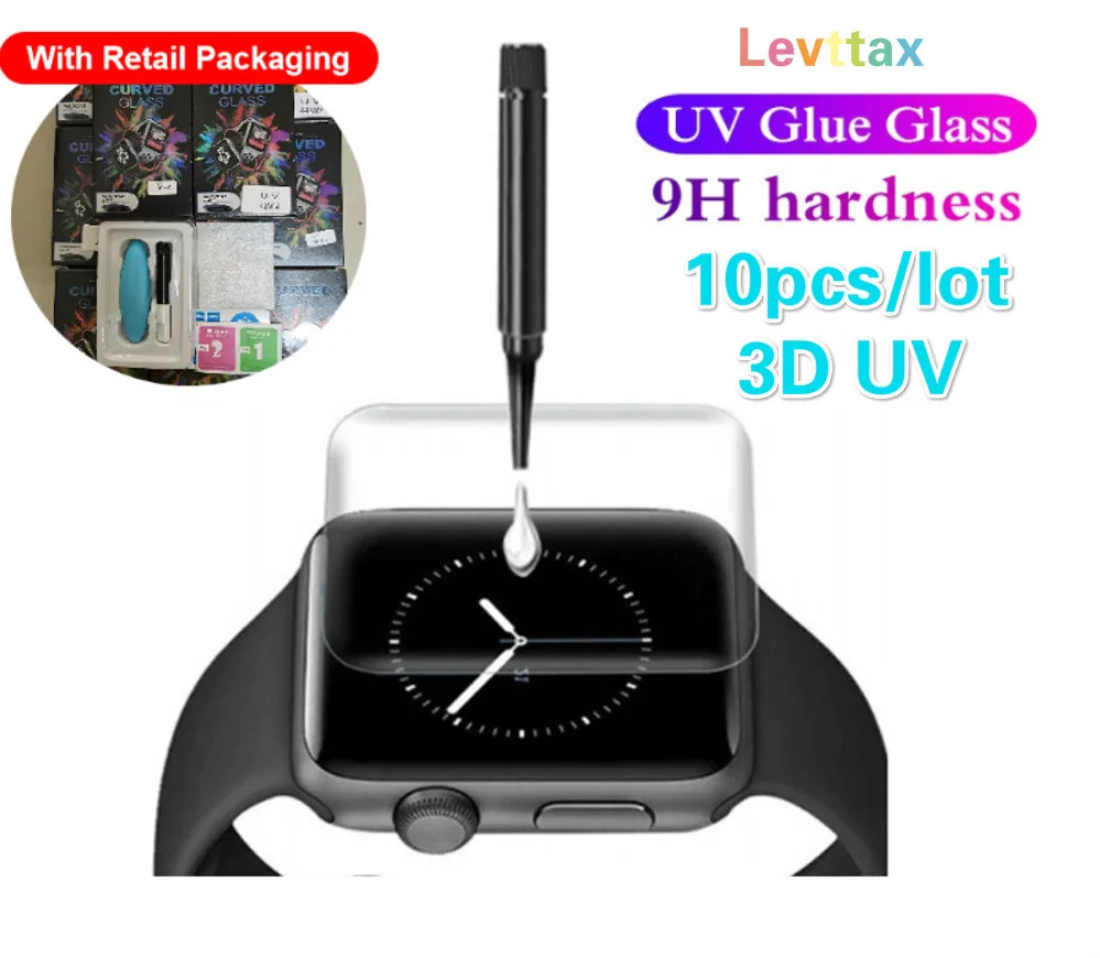 10Pcs 3D UV Full Glue Tempered Glass Screen Protector For Apple Watch Series 38mm 42mm 40mm 44mm 5 4 3 2 1 Full Glass With Box