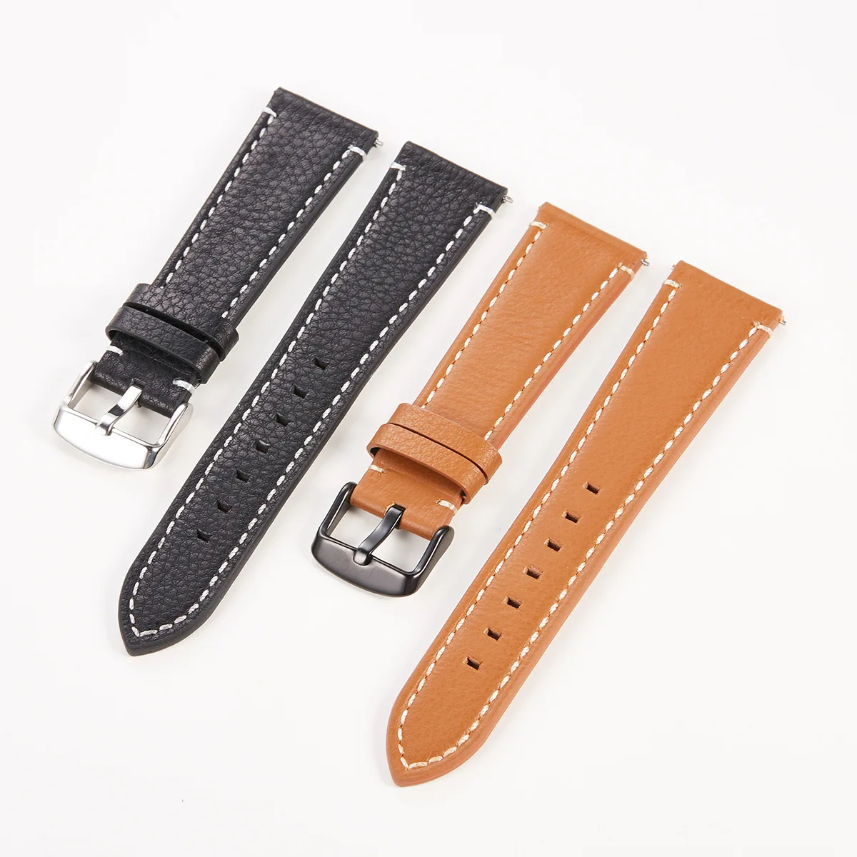 

Genuine Leather Watches Strap Watchband 18mm 19mm 20mm 21mm 22mm Quick Release Black Brown Lychee Pattern With White Stitching