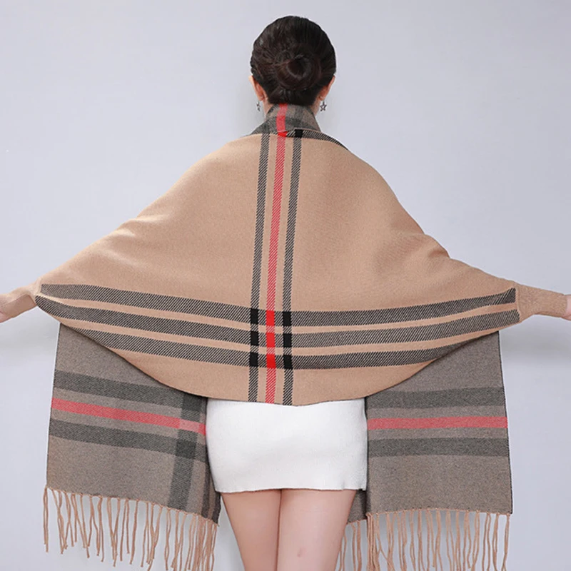 

2019 Oversize Double Side Scarf Winter Faux Cashmere Poncho Women Plaid Designer Female Long Sleeves Wrap Vintage Wearable Shawl