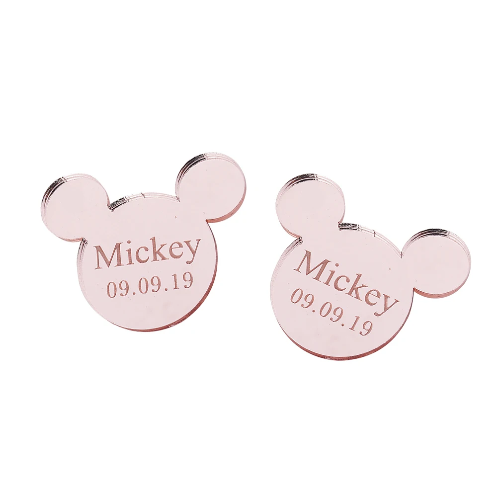 font 1 Gold Pink 20 шт персонализированное гравированное зеркало Микки Маус Надпись Логотип, название Baby Shower бирки настольные украшения для вечеринки, дня рождения 4 см - Цвет: font 1 Gold Pink