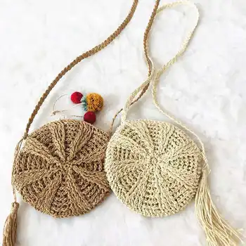 

Women Bohemia Style Hand Woven Bag Round Rattan Straw Beach Circle Beach Bags