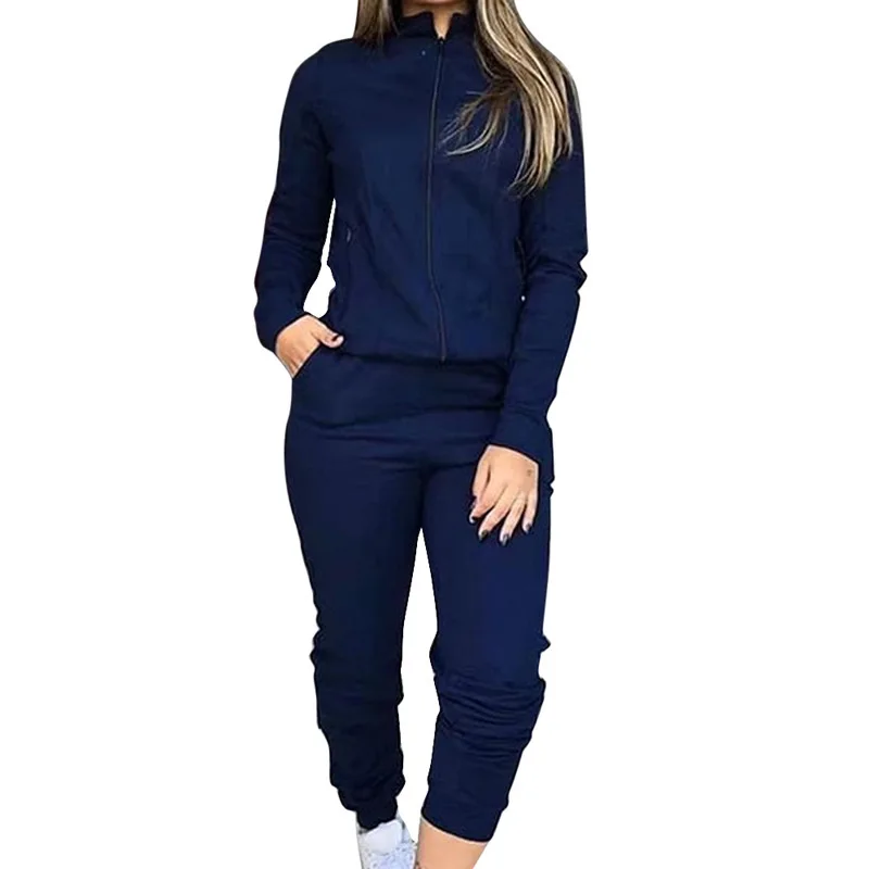 

2020 Autumn / Winter Women's Streetwear Casual Suit Two Piece Set Solid Color Stand Collar Zipper Sportswear Suit Wn*