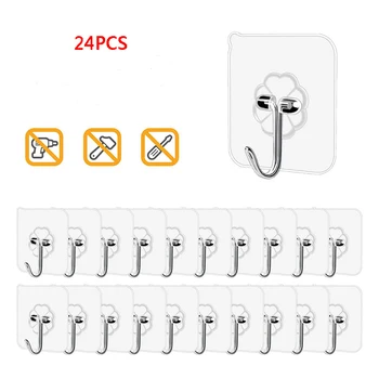 

24/14/10/5/1PCS Transparent Wall Hooks Waterproof Self Adhesive Hooks Reusable Seamless Hanging Hook For Kitchen Bathroom Office