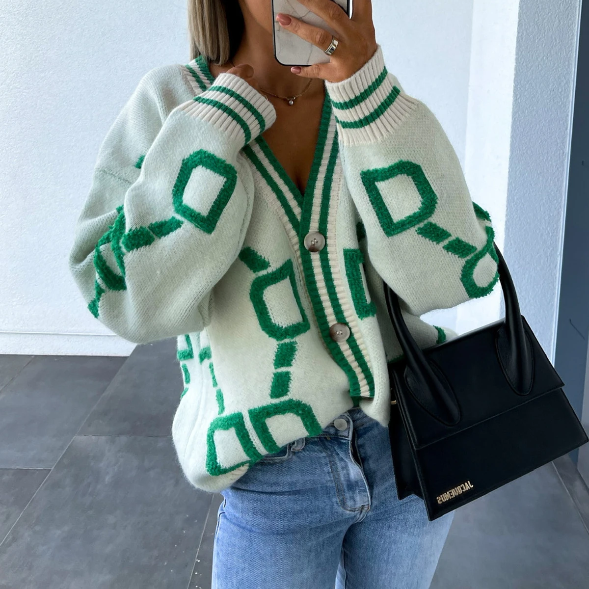 Women Autumn Winter New Loose Knitted Cardiagn Casual  V-neck Drop-shoulder Sleeve Sweater Coat Female Chic Crochet Outerwear cropped sweater