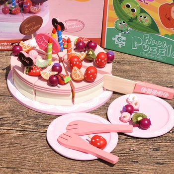 

40PCS Pretend Play Wooden Cutting Toys Cutting Fruit Birthday Cake Toys Kitchen Cook Set Miniature Food for Dolls Kids Gifts