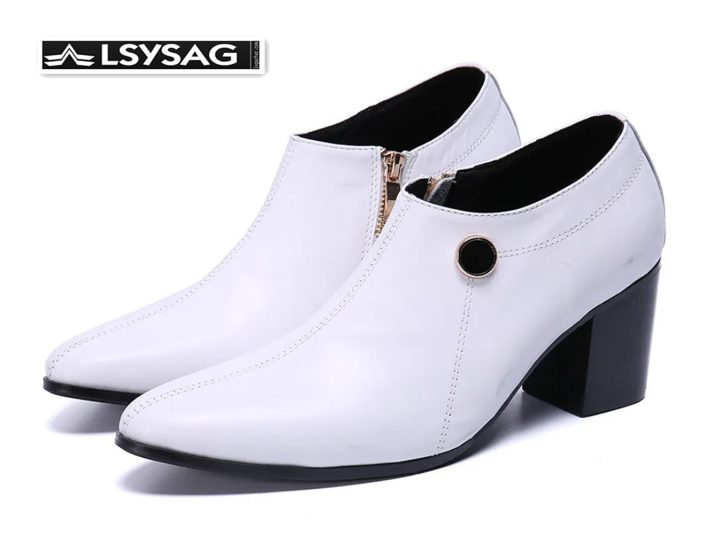 

Designer White Real Leather Men Ankle Boots High Heels Short Boots Male Luxury Party Leather Shoes Big Size