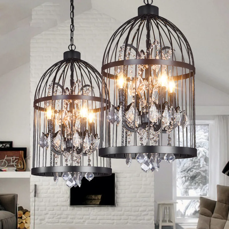 Loft American retro industrial crystal lamp restaurant living room Cafe staircase personalized iron cage Chandelier | Освещение