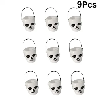 

9 Pcs Candy Bucket White Skull Head Portable Storage Bucket Storage Jar Candy Pail Holder for Christmas Halloween Dancing Party