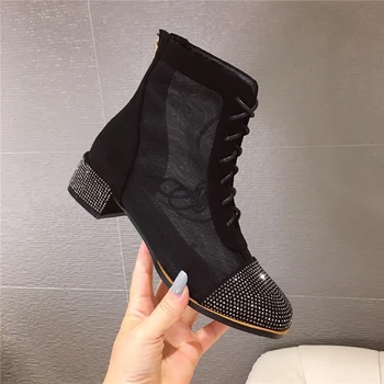 

Fashion Lace Summer Up Ankle Sandals Boots Bling Crystal Block High Heels Women Mesh Hollow Short Boots Lady Gladiators Shoes