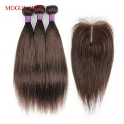 3 Bundles with Closure Middle Part 200g/set #2 Dark Brown Color 4 Straight Hair Weave 12-22 inch Remy Human Hair MogulHair