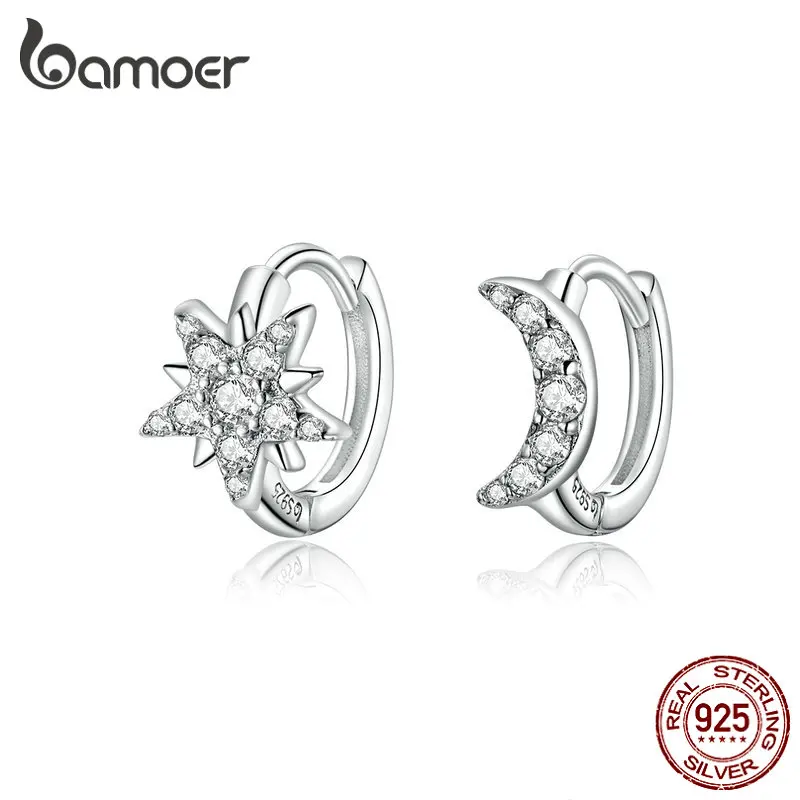Bamoer, серебро 925, ювелирное изделие, звезда и луна, серьги-кольца для женщин, Стерлинговое серебро 925, не вызывает аллергии, хорошее ювелирное изделие, подарки BSE289