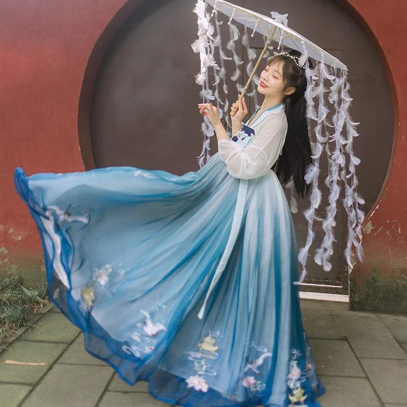 Женские танцевальные костюмы Hanfu с синей вышивкой, традиционное платье феи, наряд для народного фестиваля, одежда для выступлений певцов DC2707