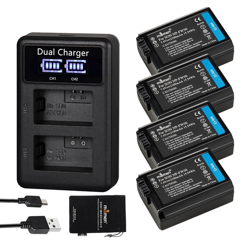 

Mamen 4Pcs 2100MAh NP FW50 NP-FW50 NPFW50 Digital Camera Battery + LCD Dual Charger for Sony NEX-3 A7R A6500 A6300 A6000 A5000 A