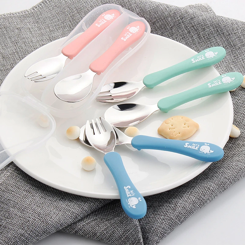 

2pcs / Set Lovely Cartoon Print Baby Cutlery Spoon + Fork Feeding Children Stainless Steel Baby Spoon