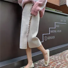 Осень-зима, Вязаные Юбки миди, женские, высокая талия, прямые, бежевые, кружевные, с разрезом, корейские, элегантные, офисные юбки