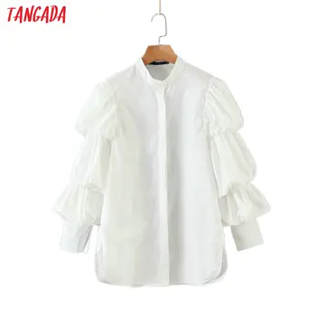 

Tangada women retro white shirts puff long sleeve solid o-neck elegant office ladies work wear blouses QB135