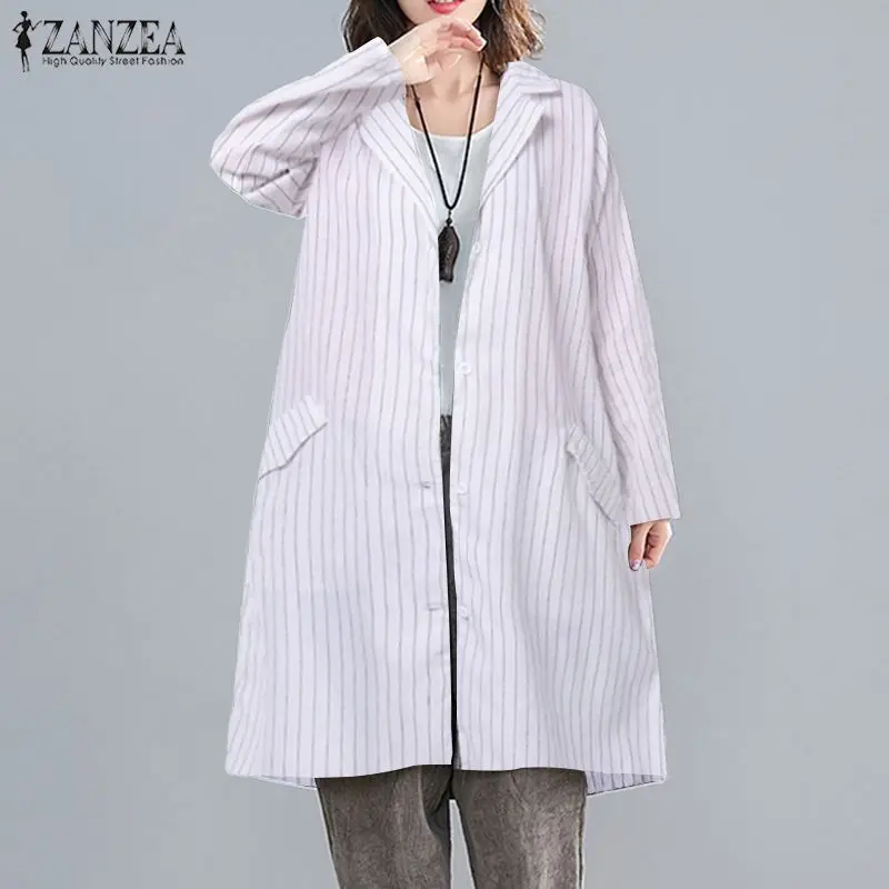  ZANZEA 2019 Autumn Fshion Women Striped Shirt Casual Blouse Tunic Tops Ladies Cotton Pockets Blusas