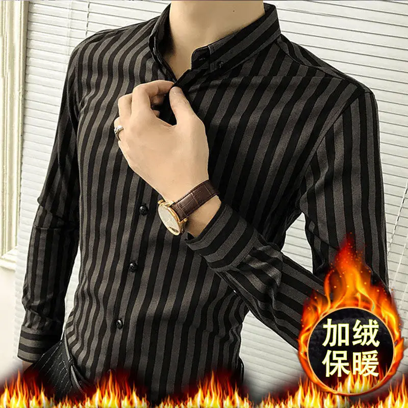 

New plush thermal Stripe Men's long sleeve shirt