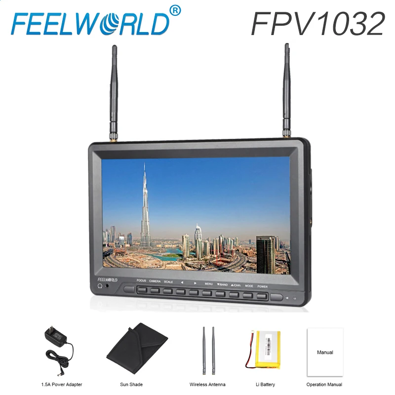 

Feelworld FPV1032 10.1 Inch IPS FPV Monitor with Built-in Battery Dual 5.8G 32CH Diversity Receiver 1024x600 Wireless Monitors