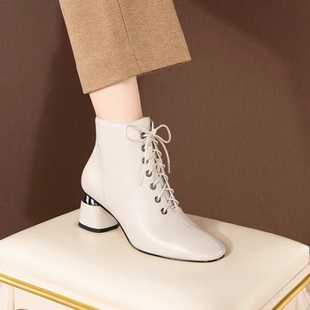

Elegant Women Ankle Boots lace up Genuine Leather Female Chelsea Short Boots square Toe Office Party Basic Shoes Woman