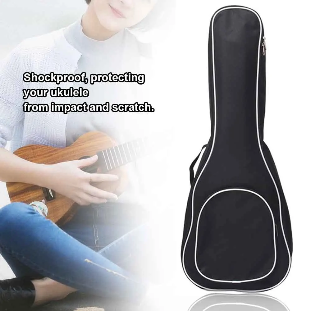 Bolsa de ukelele acolchada con bolsillos y cremallera, mochila negra con correa ajustable, almacenamiento grueso, tela Oxford con mango, 21/23/26 pulgadas