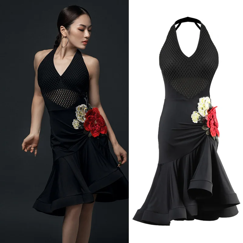 

Professional Latin Dance Dress For Women V-Neck Mesh Competition Dresses Lady Ballroom Cha Cha Samba Costume Stage Wear DWY2207