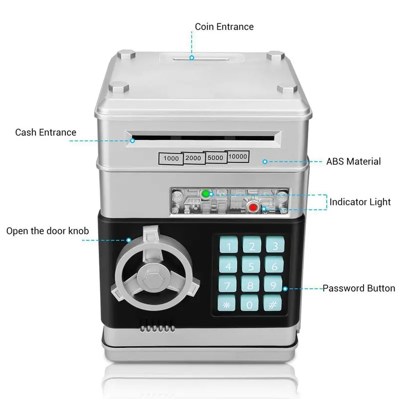 Мультфильм электронный ATM пароль Копилка денежная монета может авто прокрутки бумаги экономия денег коробка подарок для детей(серебристый+ черный