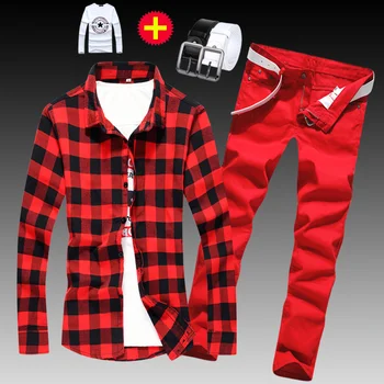 

Spring Autumn Mens Checks Plaid Long Sleeve Cotton Shirts Jeans Pants 2pcs Set Casual Male Clothing Boys Shirt Trousers E35
