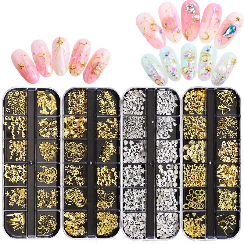 

12 Grids/Box 3D Nail Art Rhinestone Gems Decorations Manicure DIY Tips Rivet Pearl Metal Rhinestone Nail Art Decorations