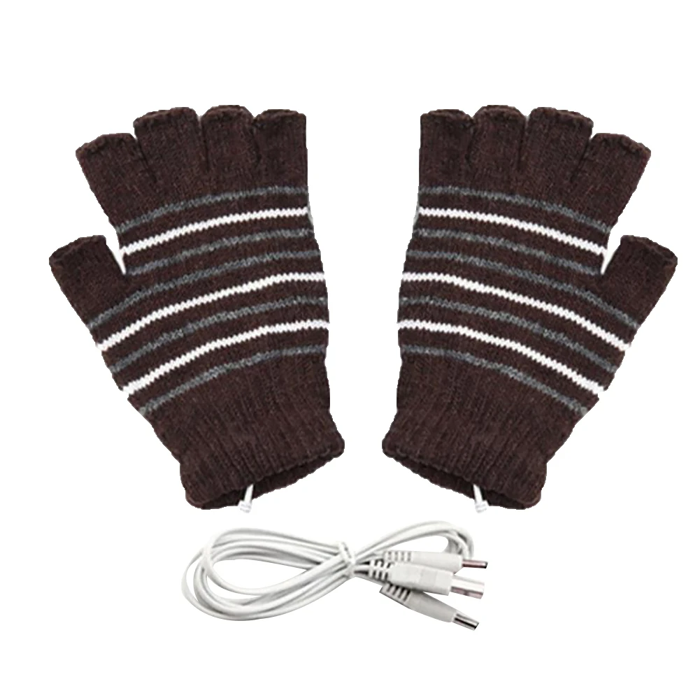 Stripe Winter USB Electric Heating Soft Warm Unisex Half Finger Knitted Gloves
