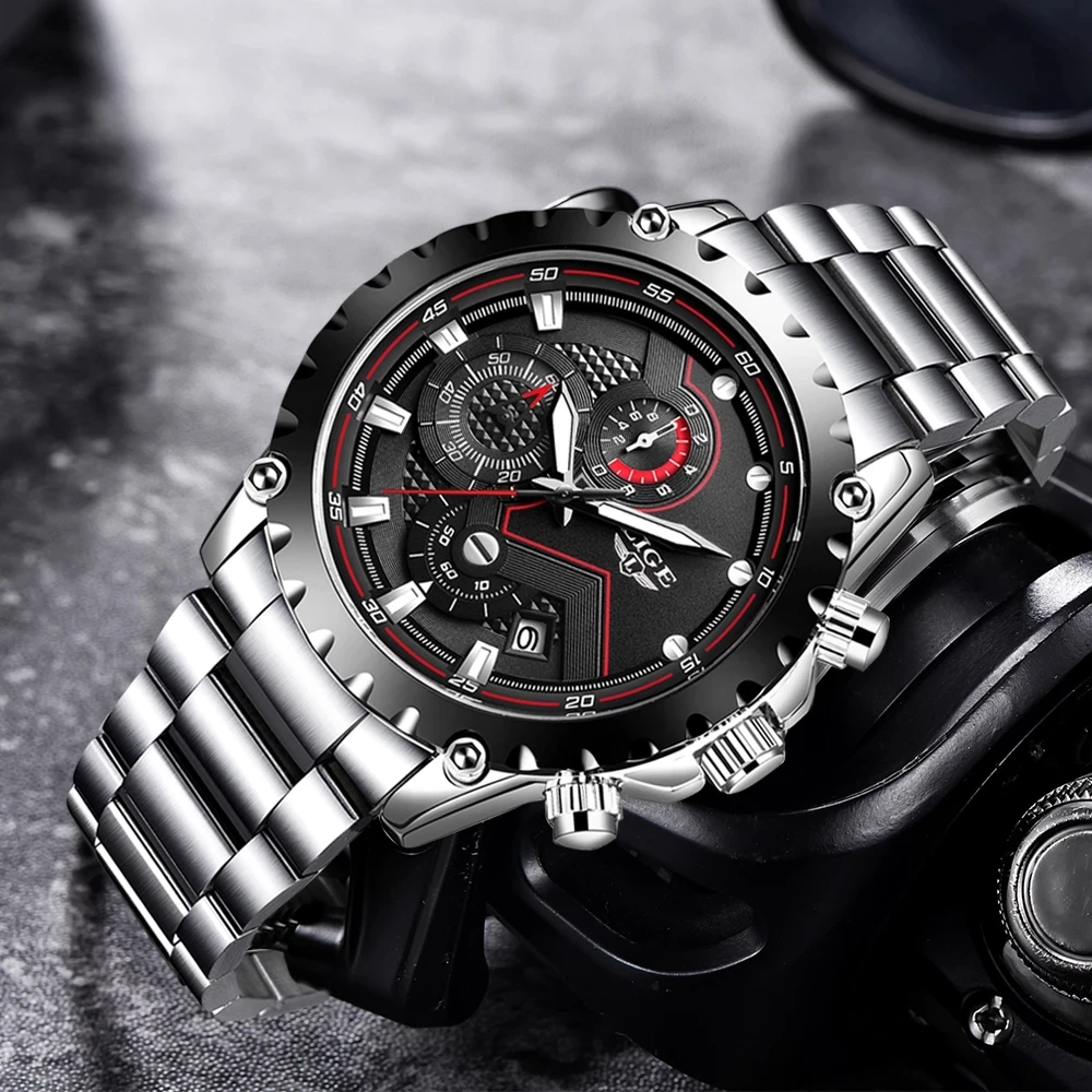 2021 LIGE Fashion Mens Watches Top Luxury Brand Silver Stainless Steel 30m Waterproof Quartz Watch Men Army Military Chronograph