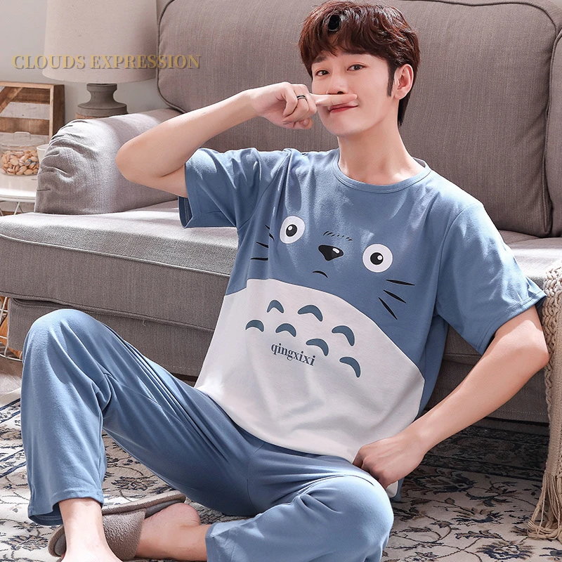 Summer Knitted Cotton Cartoon Mens Pyjamas Pajamas Casual Short Sleeve Long Pants Sets Men's Sleep Lounge Night Pijamas 4XL Home men's silk pajamas