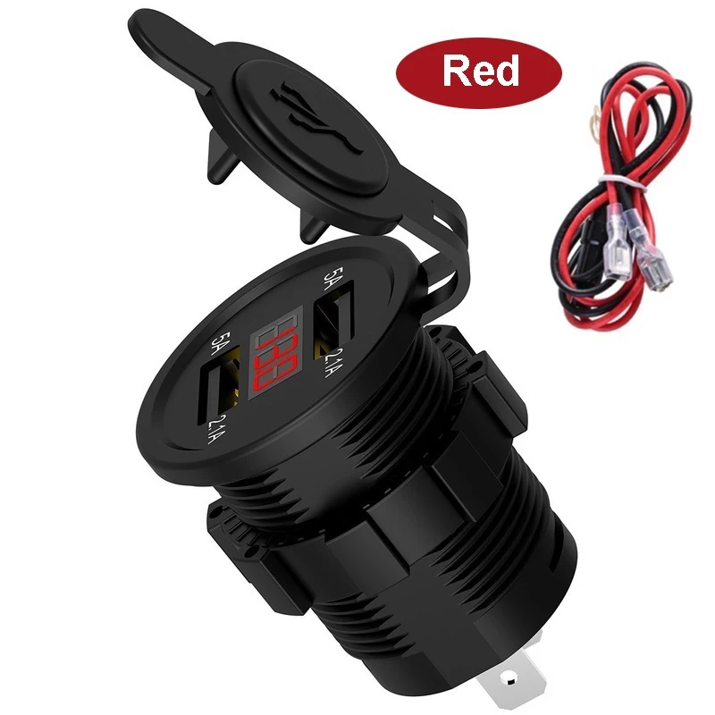 Dual USB Charger Cigarette Lighter Socket Power Outlet 4.2A with Voltmeter& Wire in-line 10A Fuse for 12-24V Car Boat Motorcycle - Название цвета: Красный