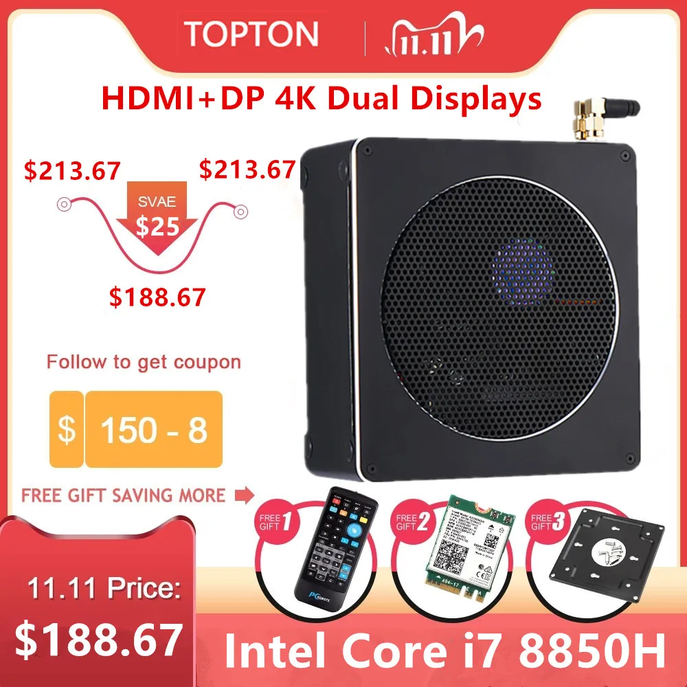 Topton игровой Мини ПК компьютер Intel i7 8850H i5 8300H Windows 10 2 * DDR4 M.2 SSD + 1*2 5 'SATA неттоп 4K UHD HDMI