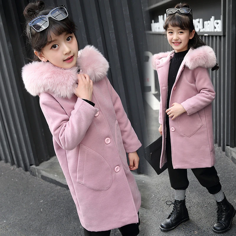 Kids Girls Coat Jacket Faux Fur Hooded Warm Long Parka Pink Woolen Trench Coat 