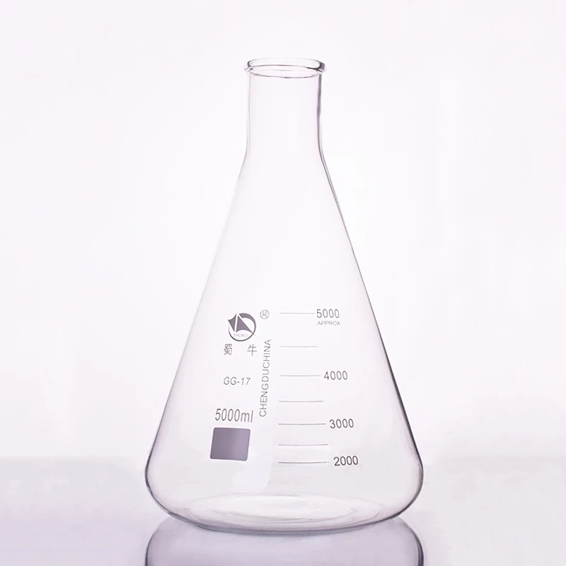 Conical flask,Narrow neck with graduations,Capacity 5000ml,Erlenmeyer flask with normal neck. Conical flask,Narrow neck with graduations,Capacity 5000ml,Erlenmeyer flask with normal neck.