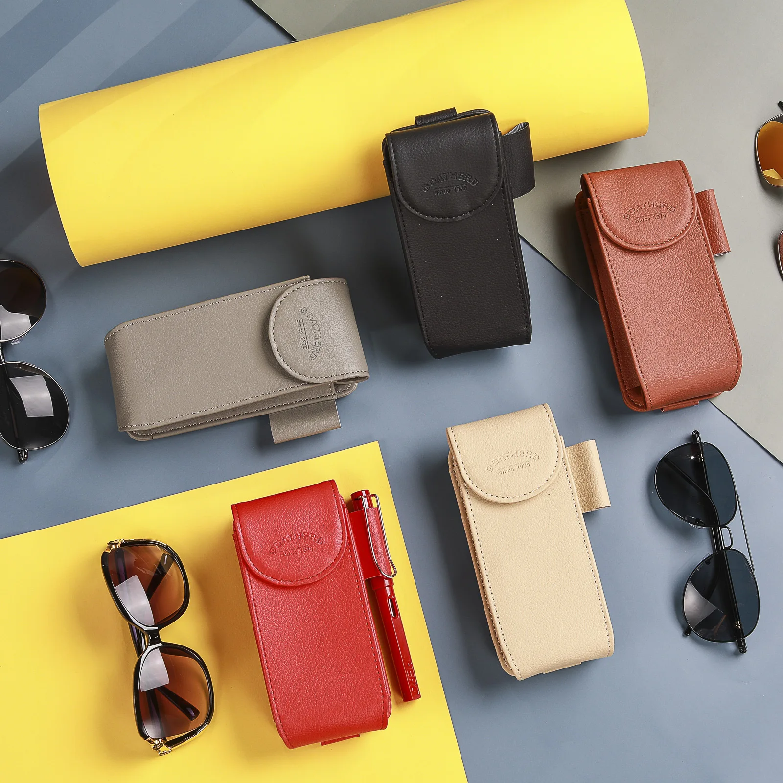 

Car Sun Visor Eye Storage Box Leather Car Universal Glasses Small Storage Box Multi-color Car Decoration with Card Holder