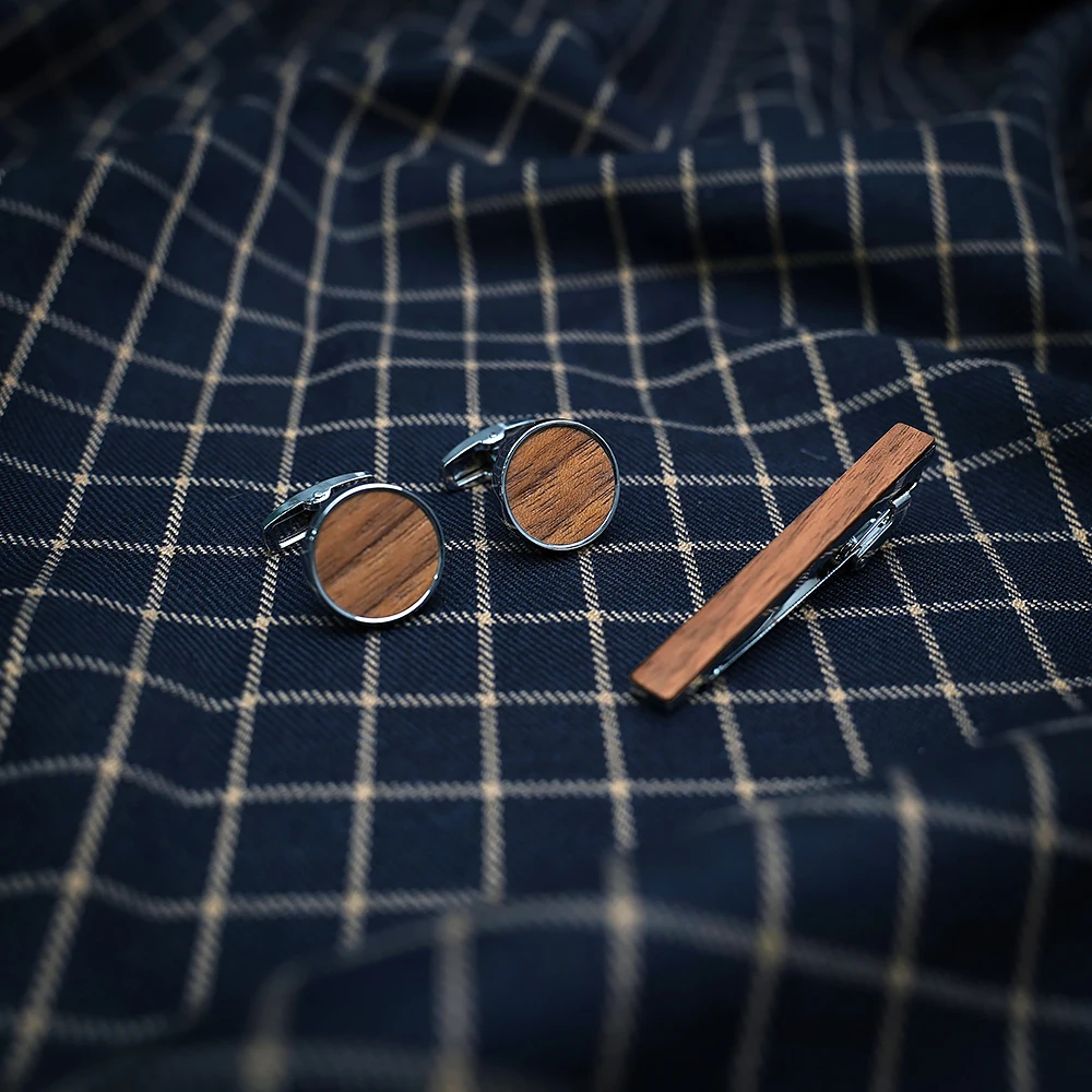 Mahoosive Wood 클래식 남성용 커프스 단추 타이 클립(선물 상자 포함) 프렌치 커프 셔츠용 지르콘 그를 위한 훌륭한 선물