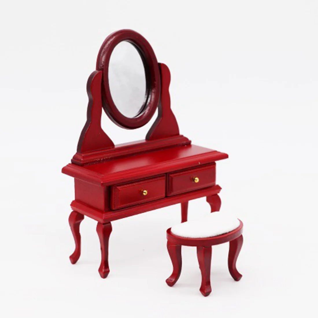  1/12 Scale Miniature Dollhouse Pocket Dressing Table Stool Set - Mahogany Colour