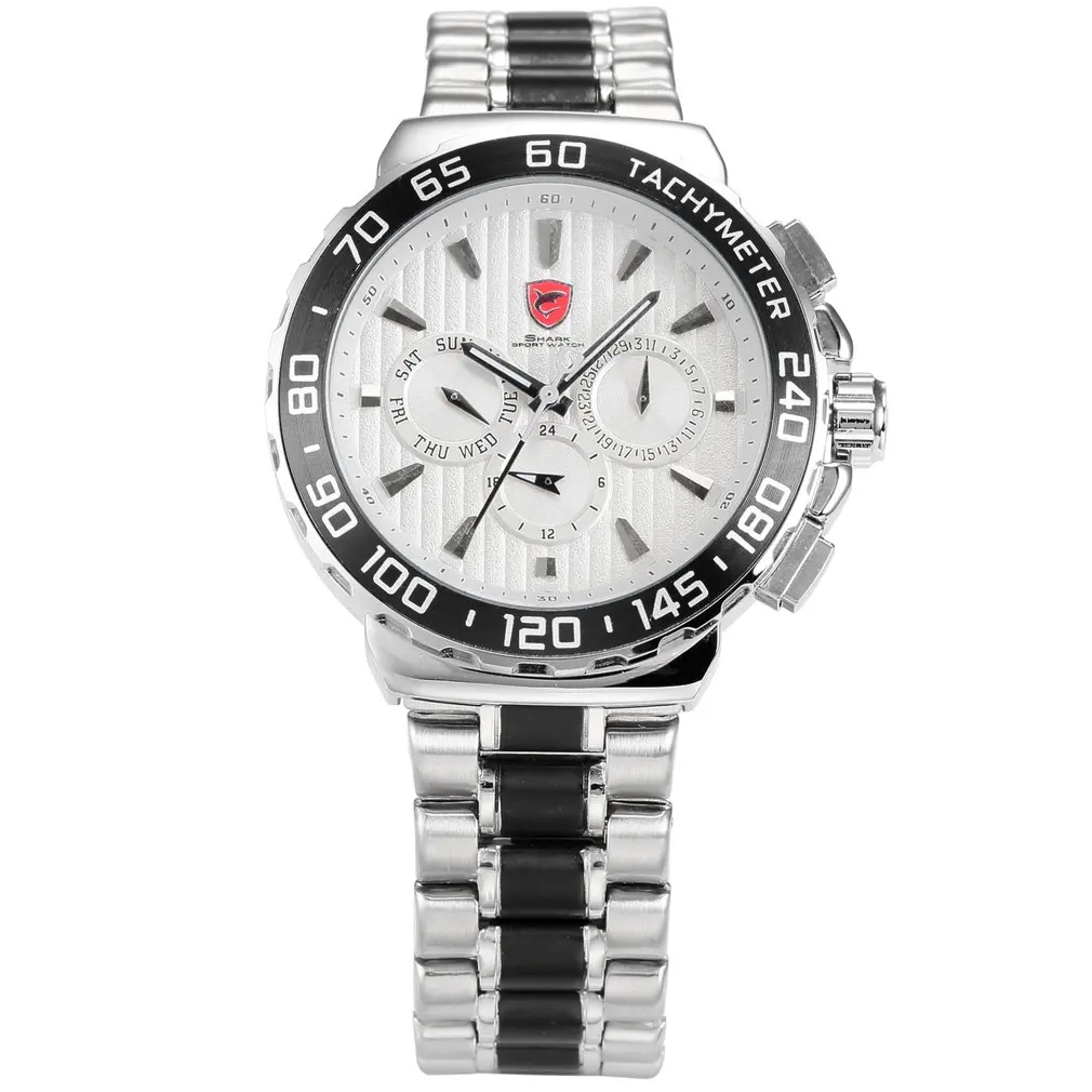 

Blacknose Shark Sport Watch White Silver Stainless Steel Band Auto Date Day Waterproof Men's Sports Quartz Wrist Watches / SH381