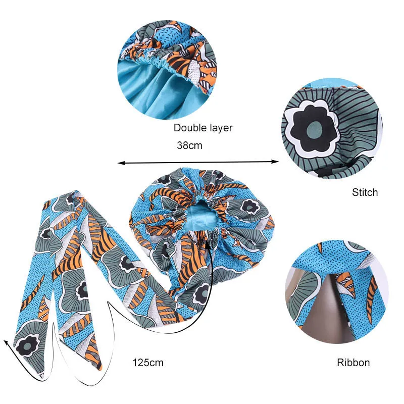 8pcs/set New African Print Satin Bonnet with Long Ribbon Wrap Women Double Layer Headwrap Ankara Pattern Hair Cover Accessories