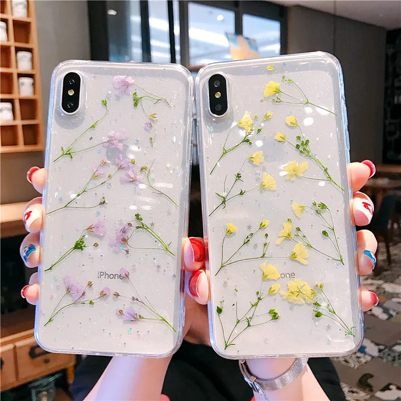 

case for iPhone 11 XR 7 8 11 Pro Max X XS Max Plus 6 6s cover real dried flower Transparent 3 color