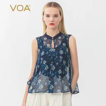 

VOA silk chiffon blue white flower georgette pleated stitching water drop collar beaded sleeveless A-type t-shirt B9211