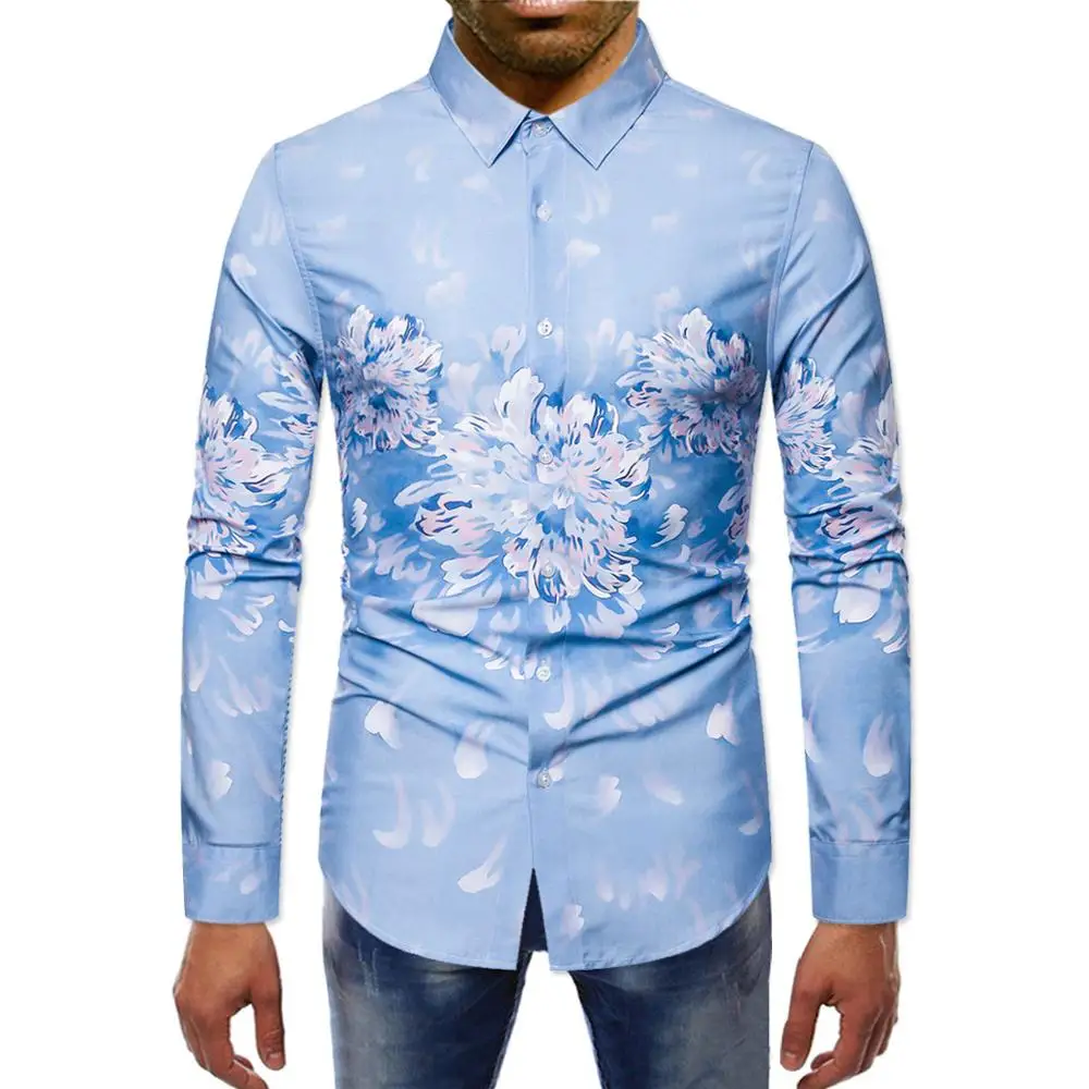 

COLDKER Men's slim fit shirts print pattern turn-down collar blouse for male plus size casual streetwear