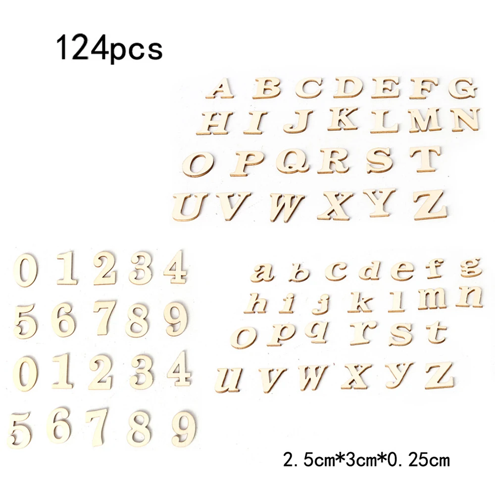 

124 pcs/pack a-z Capital & Tiny Alphabets Wood Number 0-9 Wooden Household decorative arts crafts letter digital display