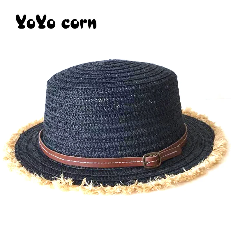 

YOYOCORN Summer fashion Raffia caps Temperament Flat Straw Hats Women's Sea Beach Cap Belt simple Women Summer Beach Raffia Hat