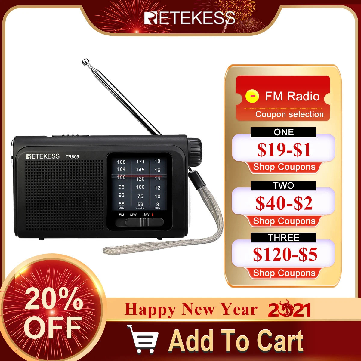 Retekess TR605 портативный радио FM/MW/SW аварийный фонарик с перезаряжаемой батареей