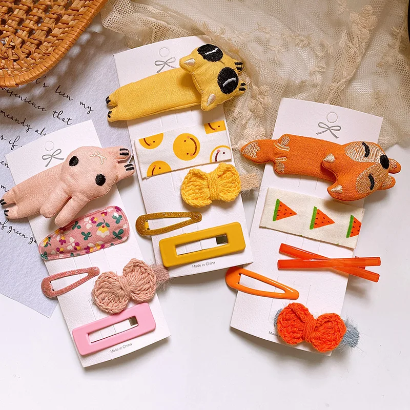 

5 Pcs Creative Cute Cartoon Fabric Animal BB Clip Sweet Girl Children Fashion Bow Duckbill Clip Combination Hair Accessories