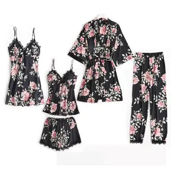 

Sexy Lace Home Clothes 2020 Summer New Print Flower Bathrobe Gown 5pcs Robe Set Kimono Gown Lougne Soft Home Dressing Gown