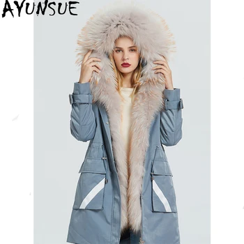 Billig AYUNSUE Echt Kaninchen Pelz Liner Parka Echtpelz Mantel Winter Jacke Frauen WaschbĂ€ren Pelz Kragen Lange Jacken FĂŒr Frauen Warme Outwear MEIN